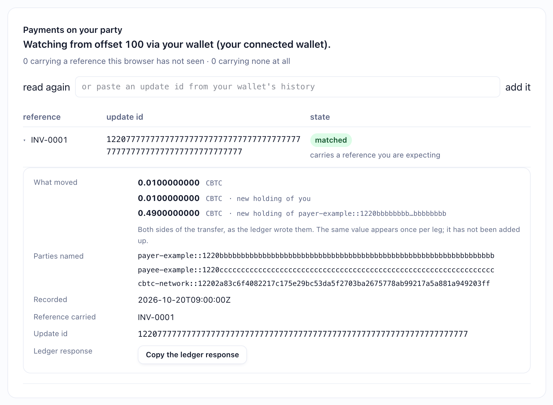 Match on payvol.xyz: INV-0001 marked matched, with the payee's new holding and the payer's change, shown with synthetic parties