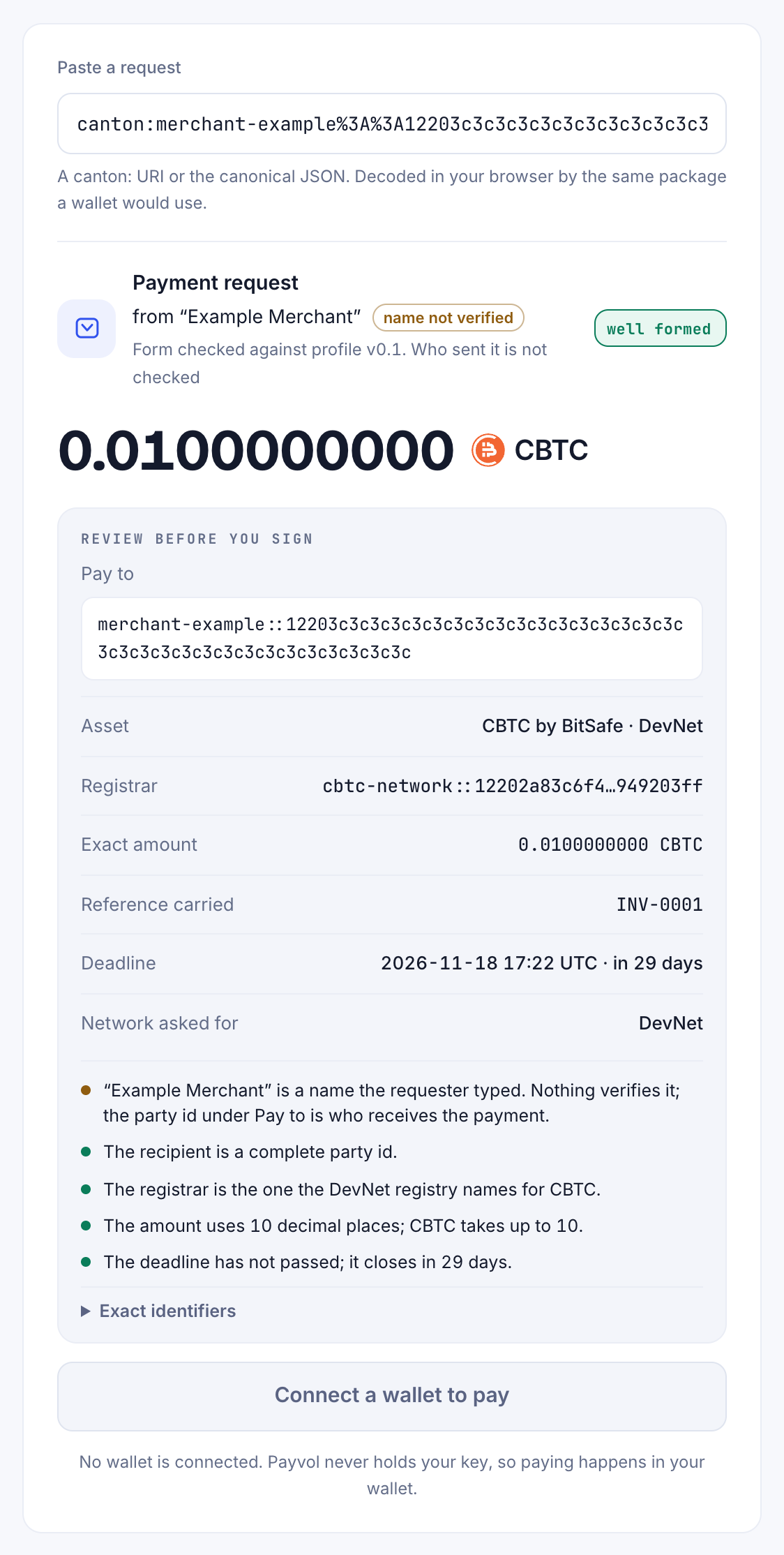 Pay on payvol.xyz: the review of a 0.01 CBTC request, with the requester's name marked as not verified