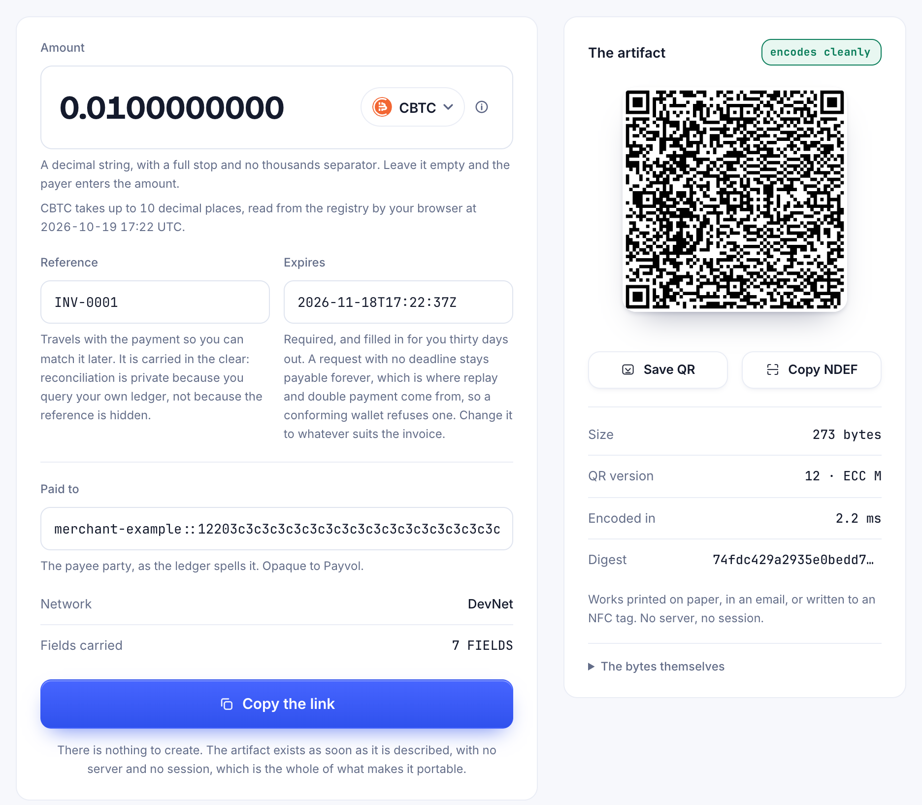 Request on payvol.xyz with CBTC chosen, 0.01 CBTC, the reference INV-0001 and a synthetic receiving party, and the QR code it produces