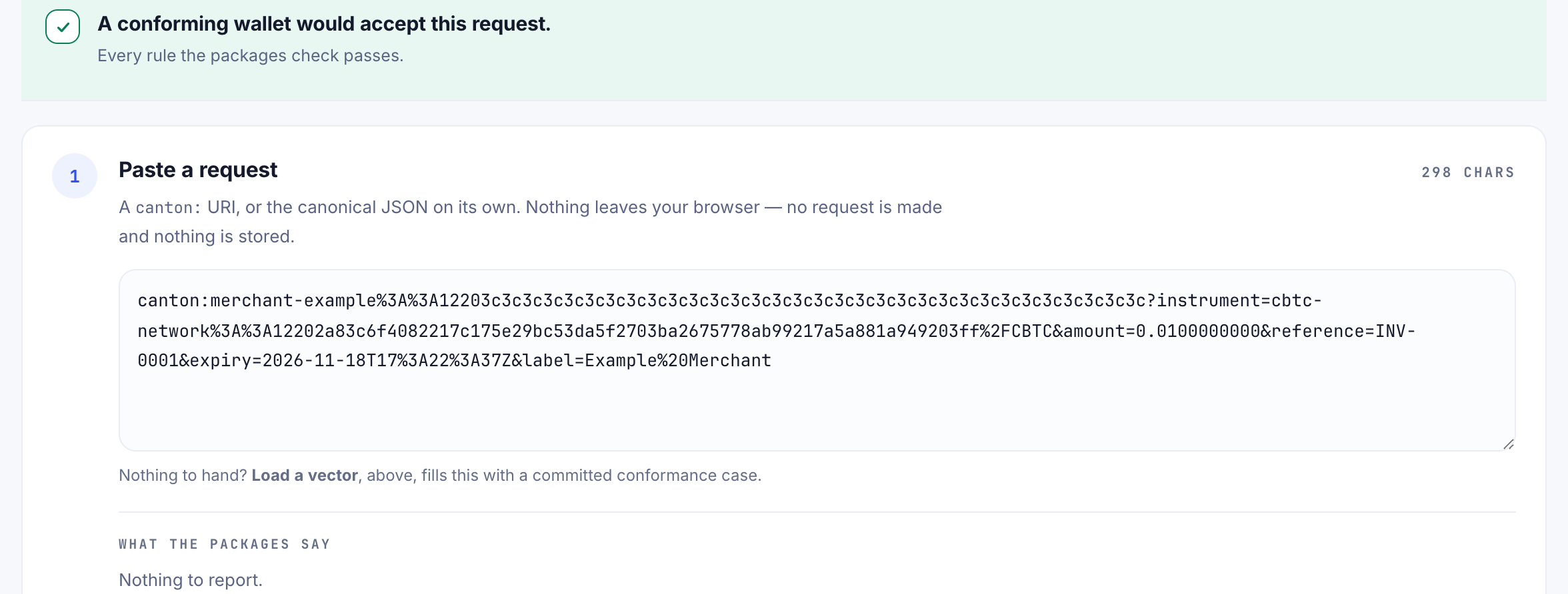 Verify on payvol.xyz: the request passes every rule the packages check